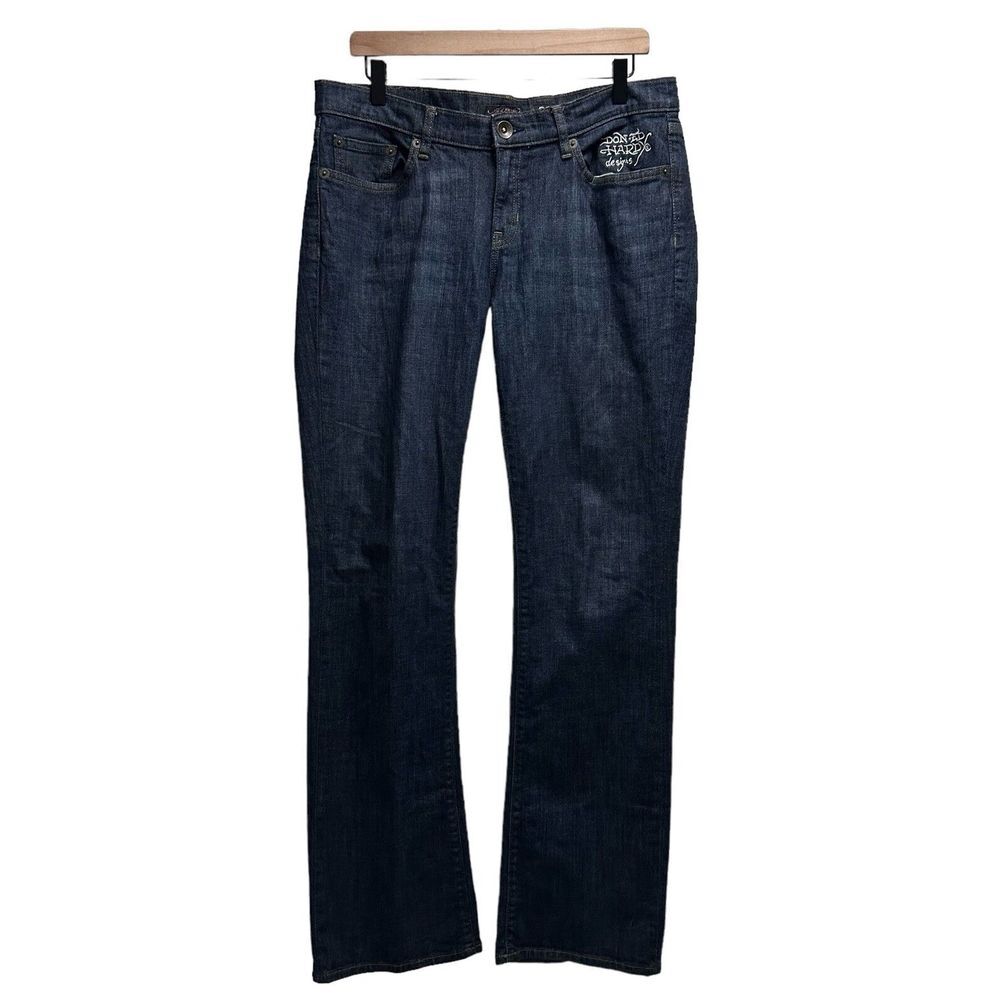Ed Hardy Y2K Women's Size 32 Super Low Rise Flare Jeans Dark Denim Wash Spellout